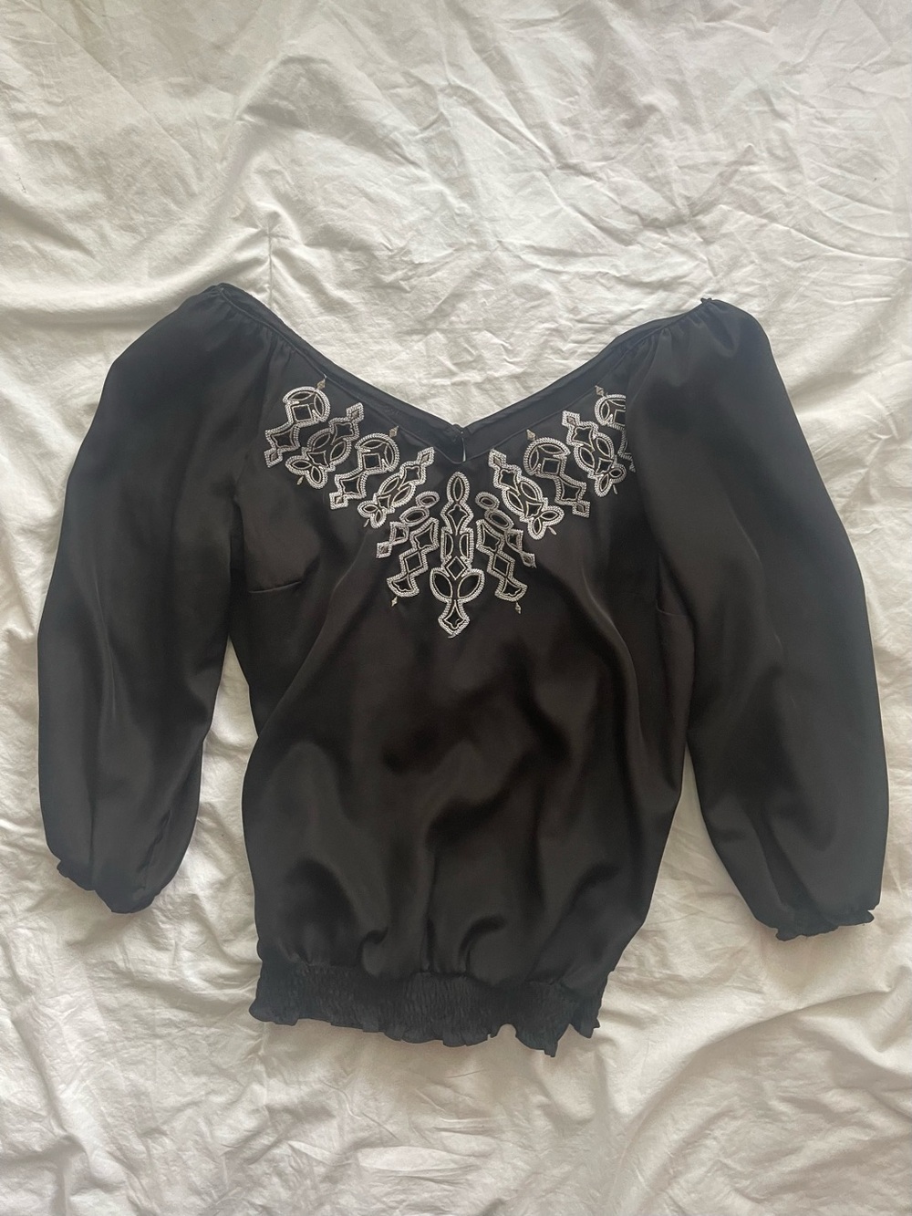 Embroidered V-Neck Black Women's Top